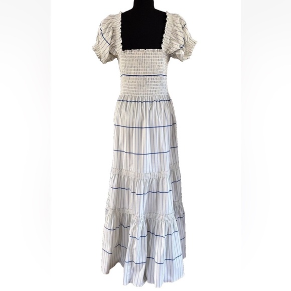 Tory Burch Striped Smocked-Bodice Ivory/Duchess Blue Midi Dress Size XL - Picture 3 of 7